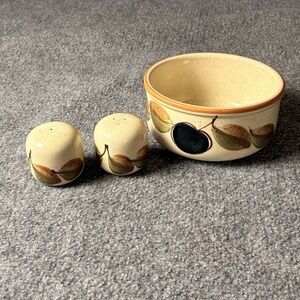 Vintage 70s Waechtersbach Serving Bowl Salt Pepper Set Plum Leaf West Germany